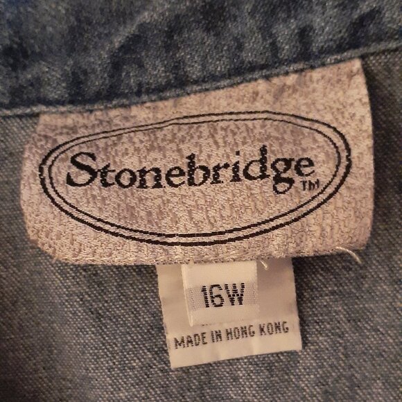 Stonebridge Blue Denim Vest, Sleeveless w/Red Floral Collar, Size 16W - Picture 7 of 9